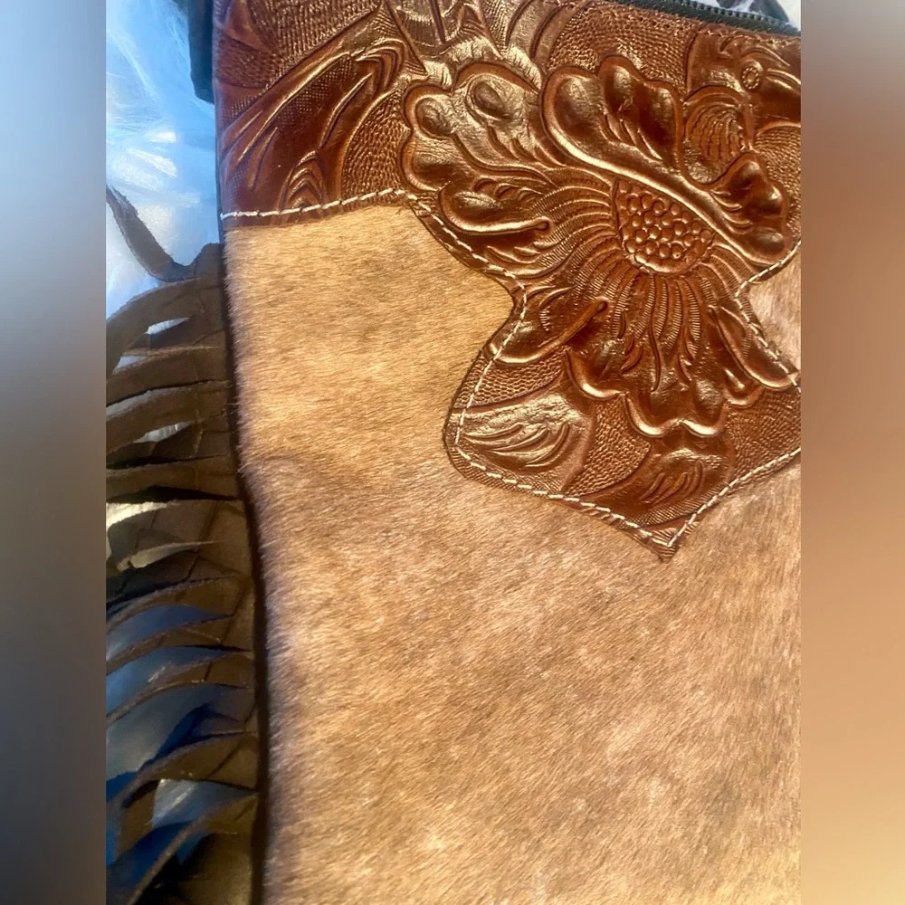 Genuine Cowhide Hair Embossed Leather Western Fringe Crossbody Boho Purse